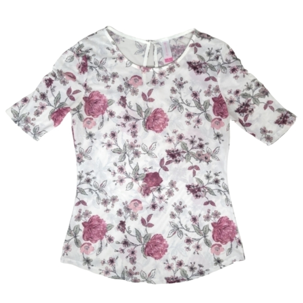 SOLD - 3/$15 🔴 No Boundaries White Floral Sheer Mesh Short Sleeve Top